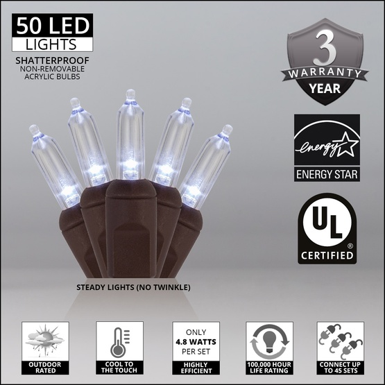 50 T5 Cool White LED Christmas Tree Lights, 6" Spacing, Brown Wire