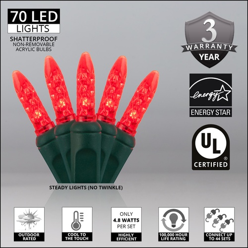 LED Christmas Lights 70 M5 Red LED Christmas Lights, 4" Spacing