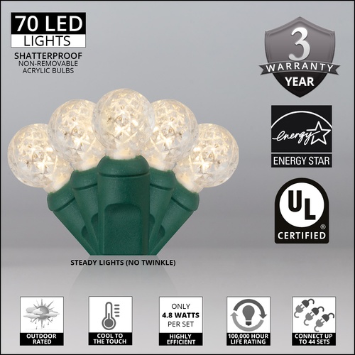 70 G12 Warm White LED String Lights, 4" Spacing