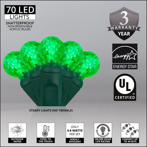 70 G12 Green LED String Lights, 4" Spacing