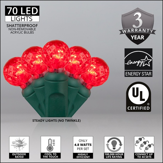 70 G12 Red LED String Lights, 4" Spacing
