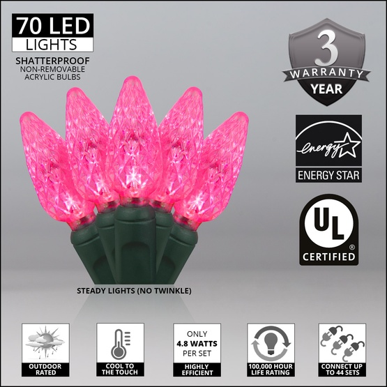 70 C6 Pink LED String Lights, 4" Spacing