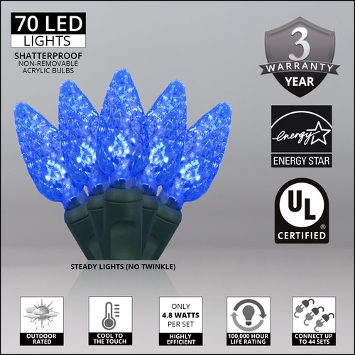 70 C6 Blue LED String Lights, 4" Spacing