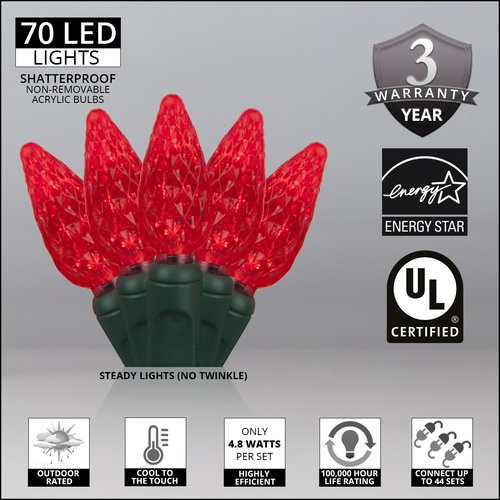70 C6 Red LED String Lights, 4" Spacing
