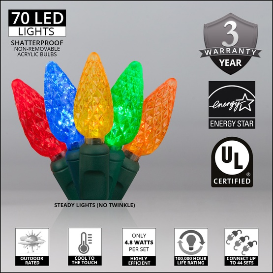 70 C6 Multi Color LED String Lights, 4" Spacing