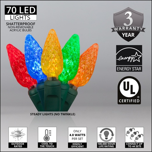 70 C6 Multi Color LED String Lights, 4" Spacing