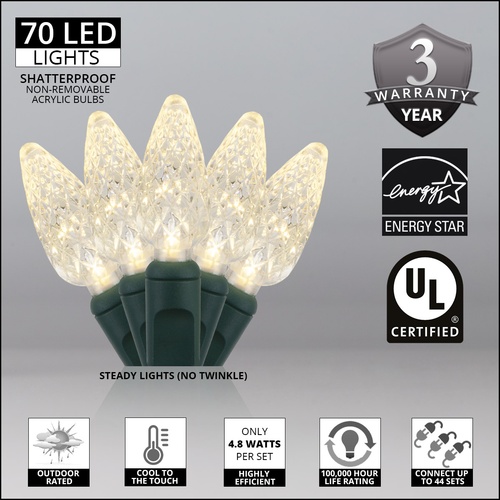 70 C6 Warm White LED String Lights, 4" Spacing