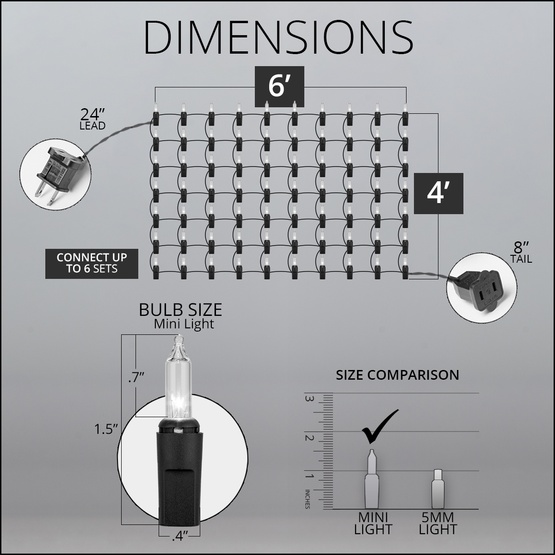 Commercial - 4' x 6' Net Lights - 150 Clear Lamps - Green Wire