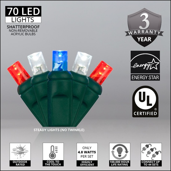 70 5mm LED Patriotic Red, White and Blue Lights, 4" Spacing