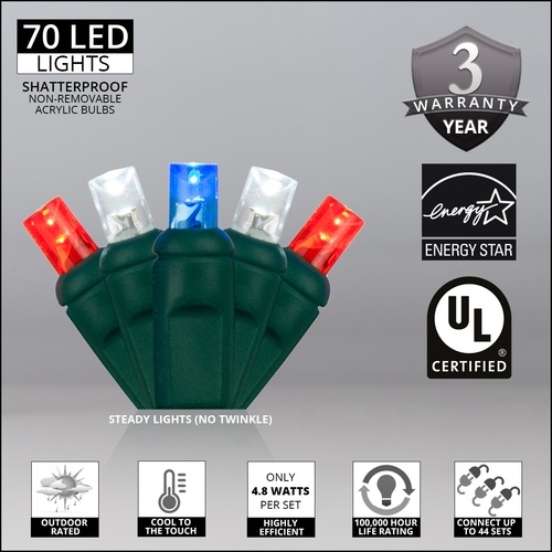 70 5mm LED Patriotic Red, White and Blue Lights, 4" Spacing