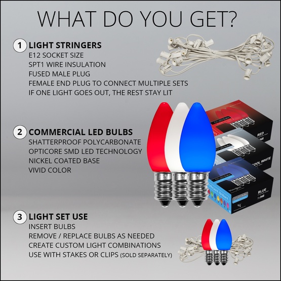 75' White Patio String Light Set with 75 C7 Red, White and Blue OptiCore LED Light Bulbs, E12 Bulbs