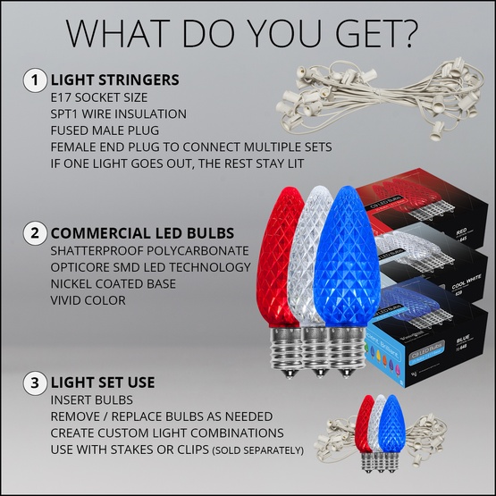 75' White Patio String Light Set with 75 C9 Red, White and Blue OptiCore LED Light Bulbs, E17 Bulbs