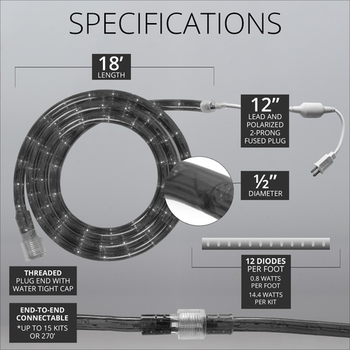 18' Warm White LED Rope Light, 2 Wire 1/2", 120 Volt