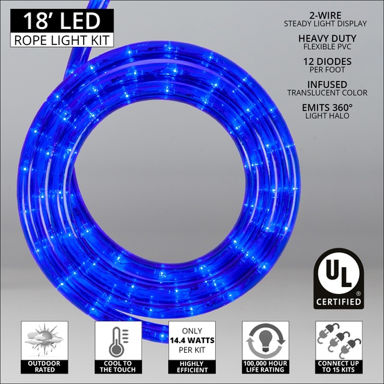 LED Rope Lighting 18' Blue LED Rope Light, 120 Volt