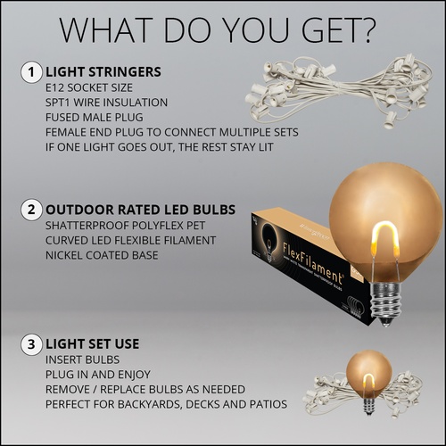 10' G50 Warm White FlexFilament TM LED Shatterproof Globe String Lights, E12 Base, White Wire