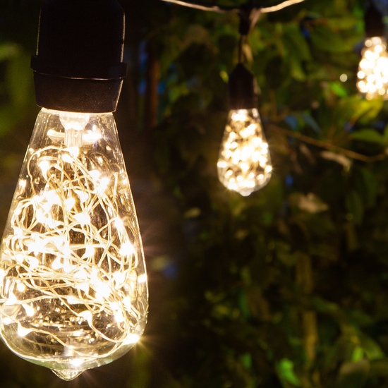 15' ST64 Warm White Suspended LEDimagine TM Patio String Lights, Commercial Black Wire