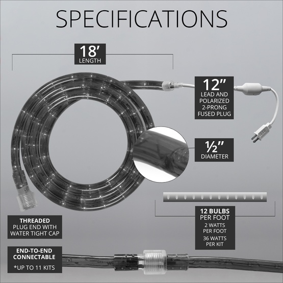 18' Clear Rope Light, 2 Wire 1/2", 120 Volt