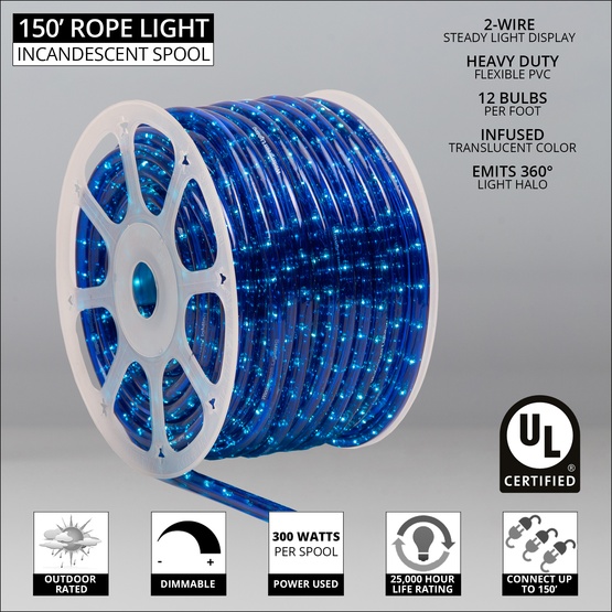 Rope Light 150' Blue Rope Light Commercial Spool, 120 Volt