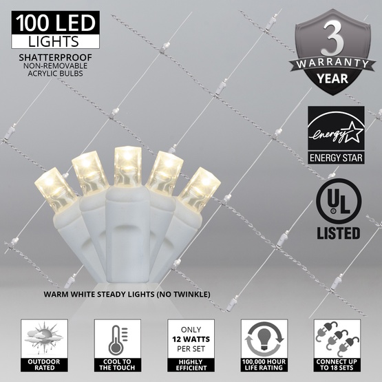 5MM 4'x6' Warm White LED Net Lights, White Wire