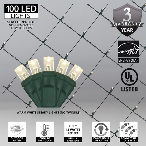 5MM 4'x6' Warm White LED Net Lights, Green Wire