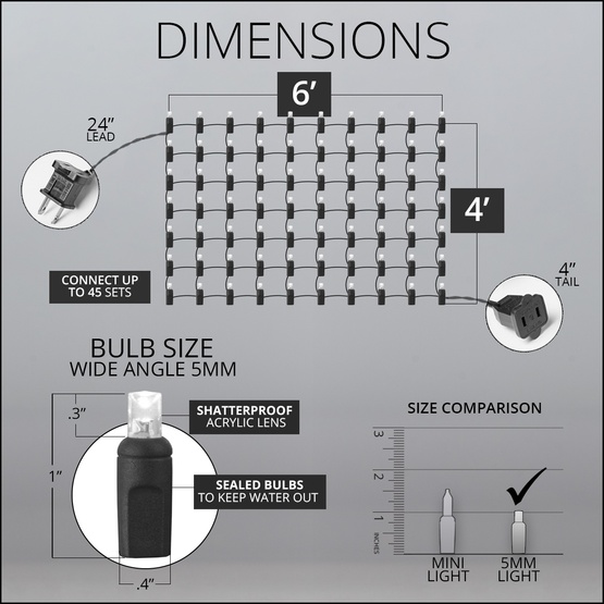 5mm 4' x 6' Red, Green LED Net Lights, Green Wire