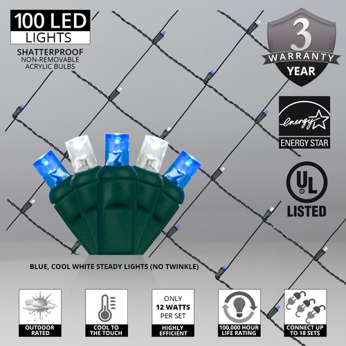 5mm Blue, Cool White LED Net Lights, Green Wire