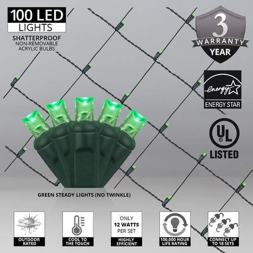 5MM 4'x6' Green LED Net Lights, Green Wire