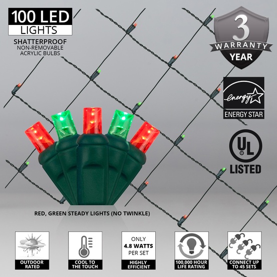 5mm 4' x 6' Red, Green LED Net Lights, Green Wire