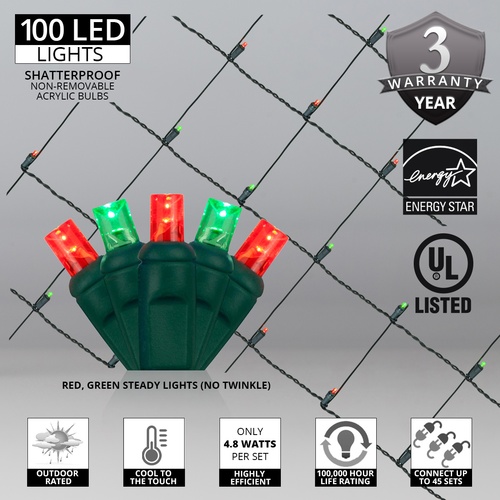5mm Red, Green LED Net Lights, Green Wire
