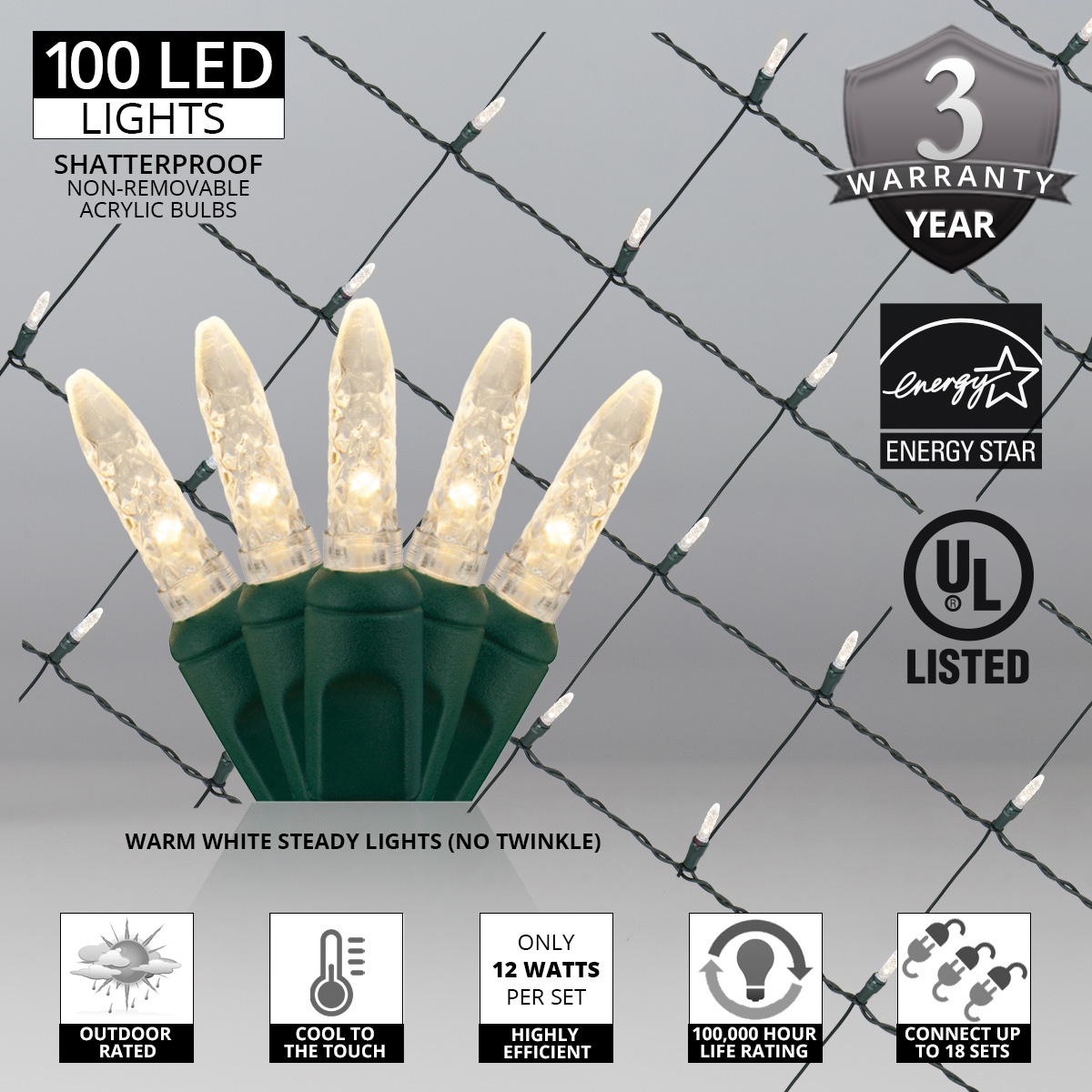 LED Net Lights - M5 4'x6' Warm White LED Net Lights, Green Wire