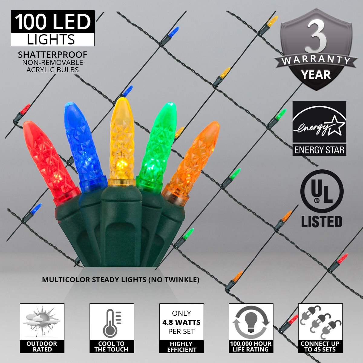 LED Net Lights - M5 4'x6' Multicolored LED Net Lights, Green Wire