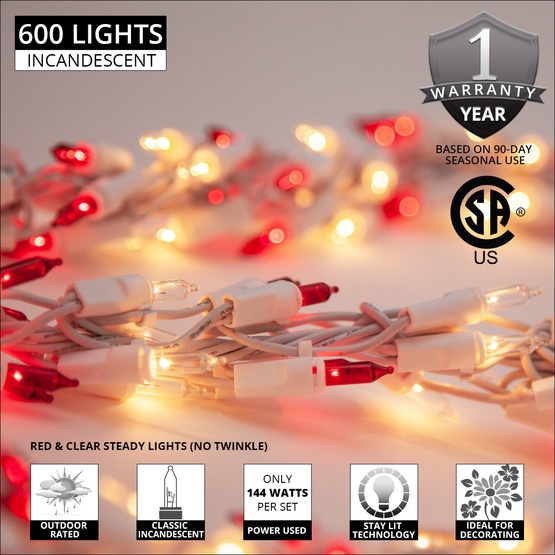 18' Garland Lights, 600 Red/Clear Lights, White Wire