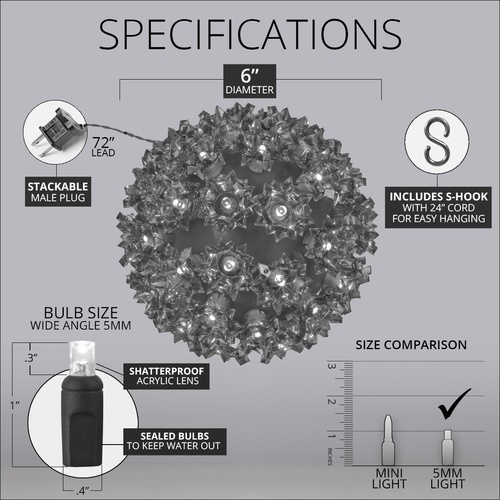 6" Warm White 5mm LED Starlight Sphere, 70 Lights