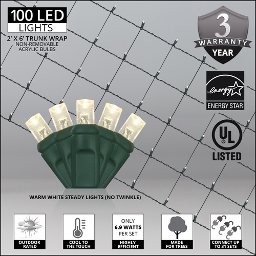 2' x 6' LED Trunk Wrap Lights - 100 Warm White Lamps - Green Wire