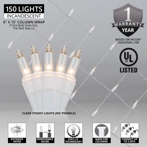 6" x 15' Column Wrap - 150 Clear Lights - White Wire