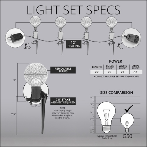 G50 Warm White OptiCore LED Garden Pathway Lights, 25 Lights, 7.5 Inch Stakes, 25'