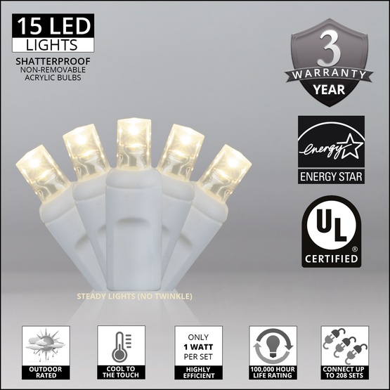 15 Warm White Indoor String Lights, LED 5MM, White Wire