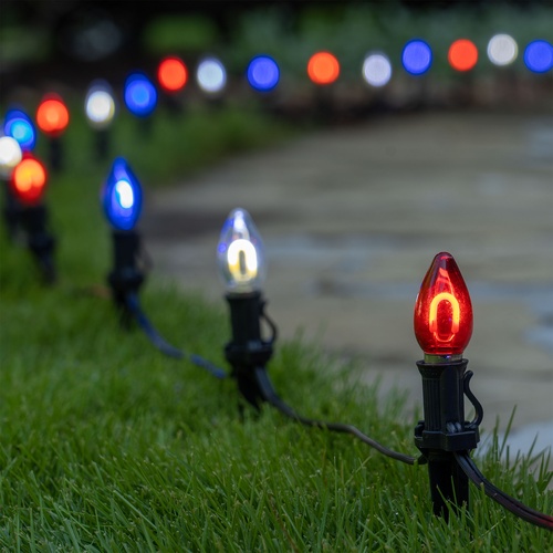 C7 Red White & Blue FlexFilament TM LED Shatterproof Patriotic Pathway Lights, 15 Lights, 5 Inch PathPRO Stakes, 15'