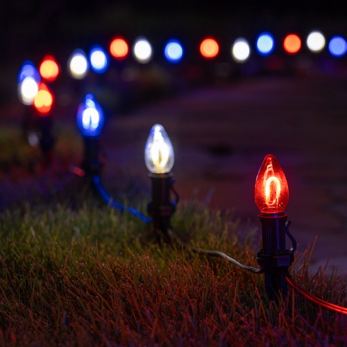 C7 Red White & Blue FlexFilament TM LED Shatterproof Patriotic Pathway Lights, 15 Lights, 5 Inch PathPRO Stakes, 15'