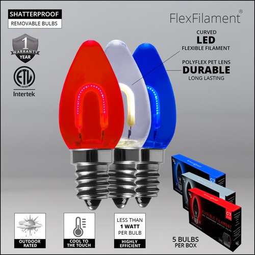 C7 Red White & Blue FlexFilament TM LED Shatterproof Patriotic Pathway Lights, 15 Lights, 5 Inch PathPRO Stakes, 15'