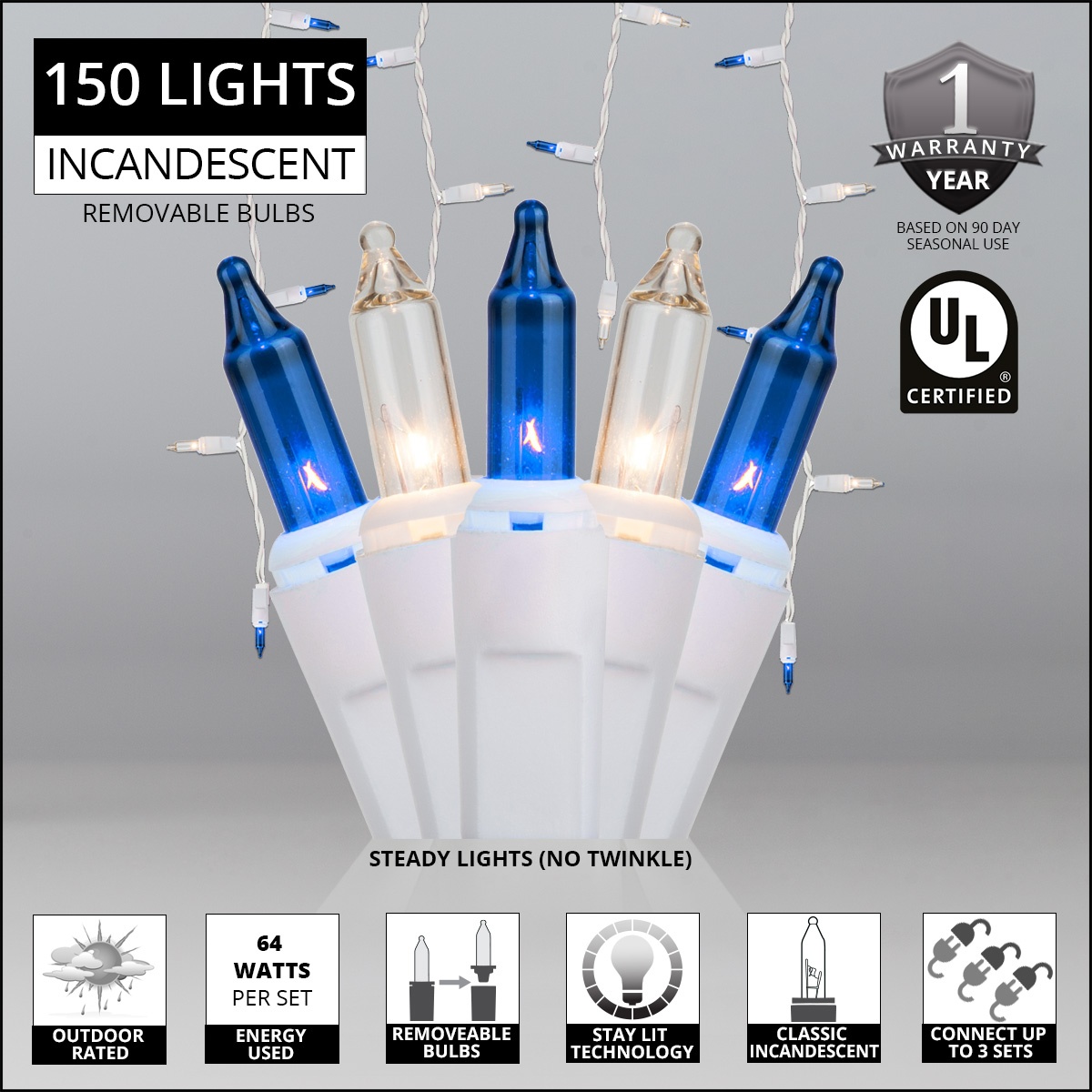 Christmas Icicle Light - 150 Clear/Blue Icicle Lights - White Wire