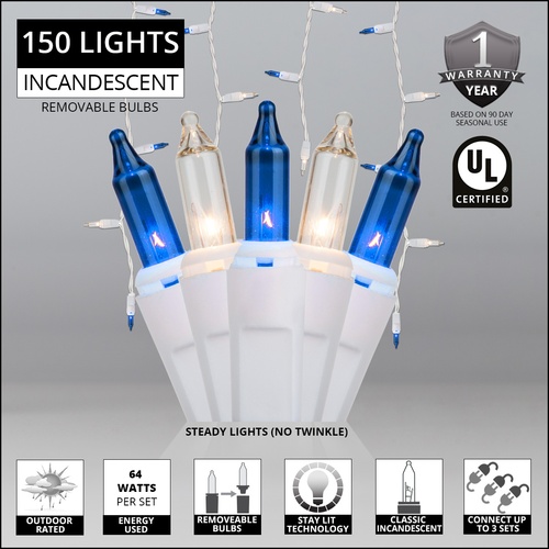 150 Clear/Blue Icicle Lights - White Wire