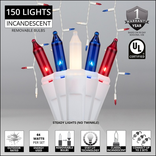 150 Red, White and Blue Icicle Lights - White Wire