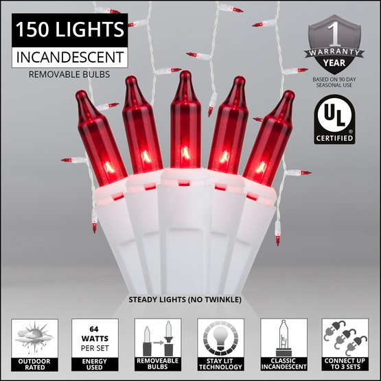 150 Red Icicle Lights - White Wire