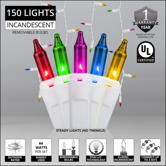 150 Multi (Red, Green, Pink, Blue, Yellow) Icicle Lights - White Wire