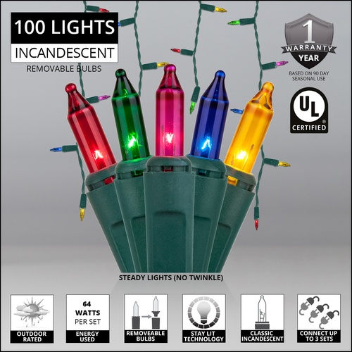 100 Multi (Red, Green, Pink, Blue, Yellow) Icicle Lights, Green Wire, Short Drops