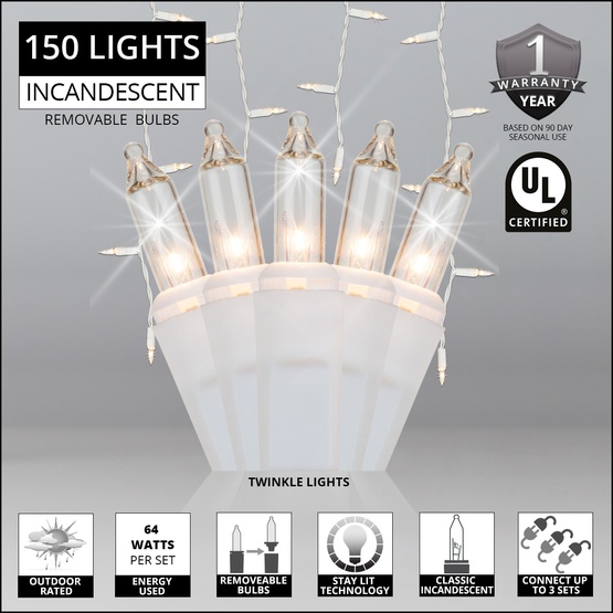 150 Clear Twinkle Icicle Lights - White Wire