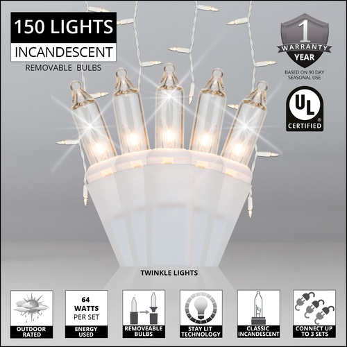 150 Clear Twinkle Icicle Lights - White Wire