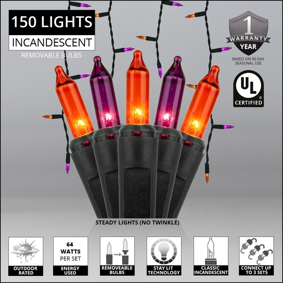 150 Purple / Orange Halloween Icicle Lights - Black Wire