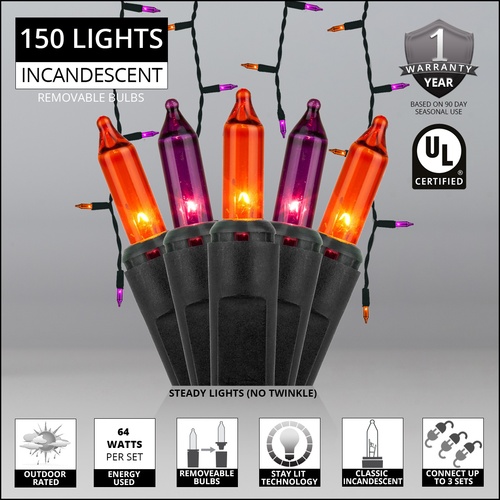 150 Purple / Orange Halloween Icicle Lights - Black Wire